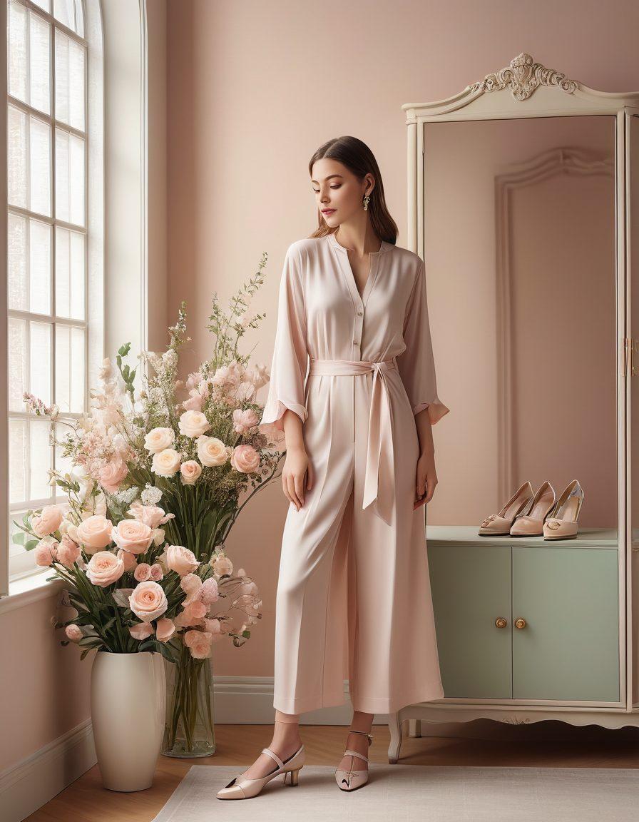 A stylishly dressed woman effortlessly exuding grace and elegance, standing in front of a chic, minimalistic wardrobe. Soft lighting highlights her simple yet sophisticated outfit, accentuated by delicate accessories. A hint of fresh flowers and elegant shoes in the foreground adds to the stylish ambiance. The background features muted pastel colors, evoking a sense of calm and effortless beauty. super-realistic. soft pastel colors.