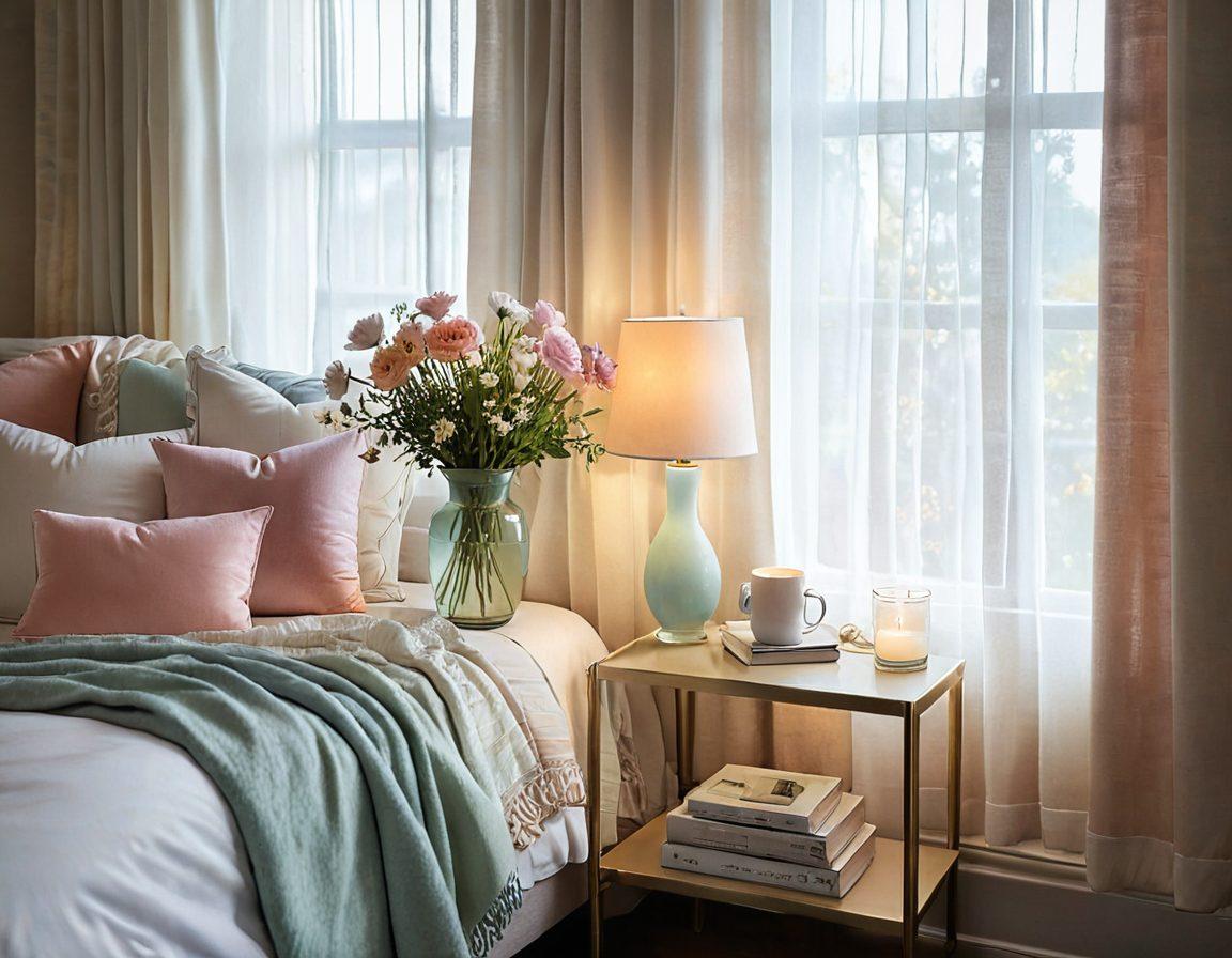 A serene bedroom corner adorned with soft pastel colors, featuring a neatly made bed with cozy blankets, an elegant vase of fresh flowers on a minimalistic nightstand, and warm sunlight filtering through sheer curtains. Subtle hints of personal touch like a stylish book and a delicate candle create an inviting atmosphere. super-realistic. vibrant colors. soft lighting.
